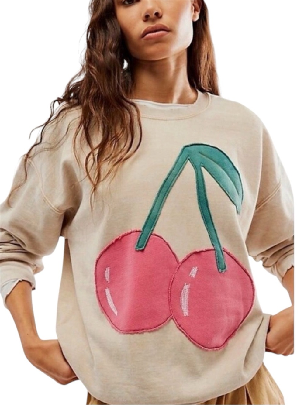 Free People Tricia Fix Fruit Crew Size Small Sand Cherry Combo NWOT